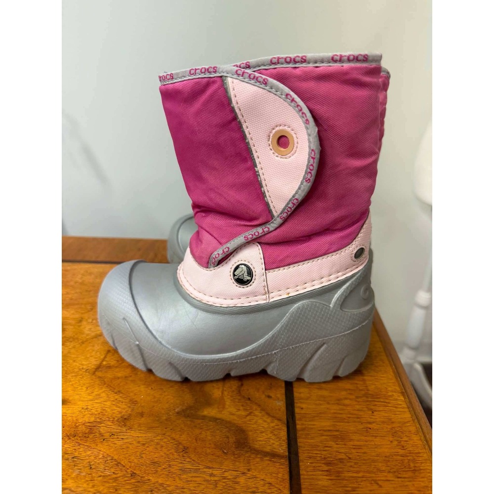 Crocs Gust Winter Boots Pink Grey Faux Fur Lined Snow Boots Kids J1